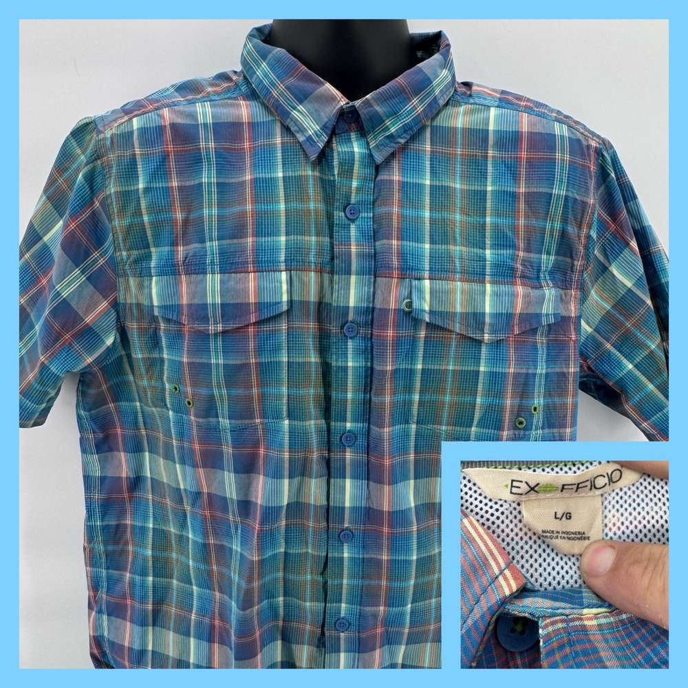 ExOfficio Plaid Short Sleeve Button Up Shirt vented  Men's‎ Size L